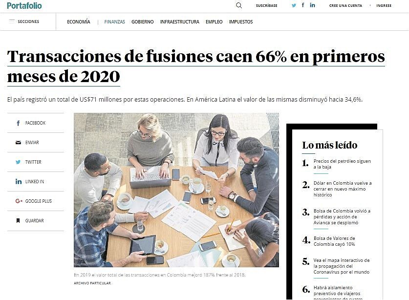 Transacciones de fusiones caen 66% en primeros meses de 2020